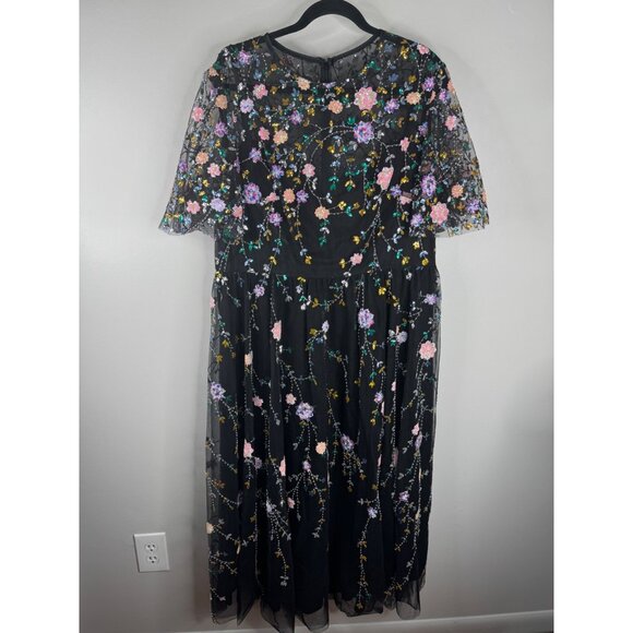 Mac Duggal 68638 Black Midi Dress  Colorful Sequin Floral Embroidered 18W Plus - Picture 5 of 9